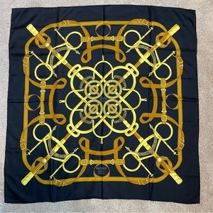 A Black Hermès "Eperon D'Or" Silk Scarf